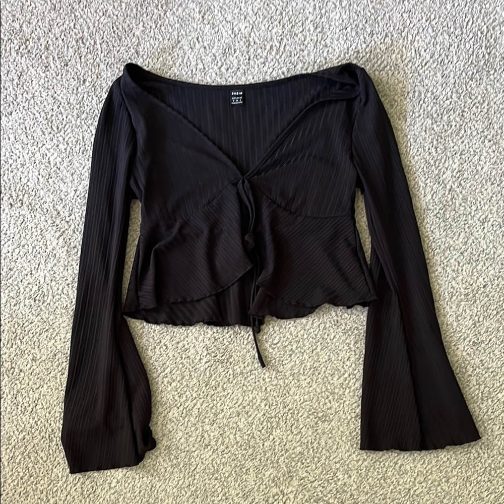Shein Black Tie Front Fitted Blouse with Bell Sleeves